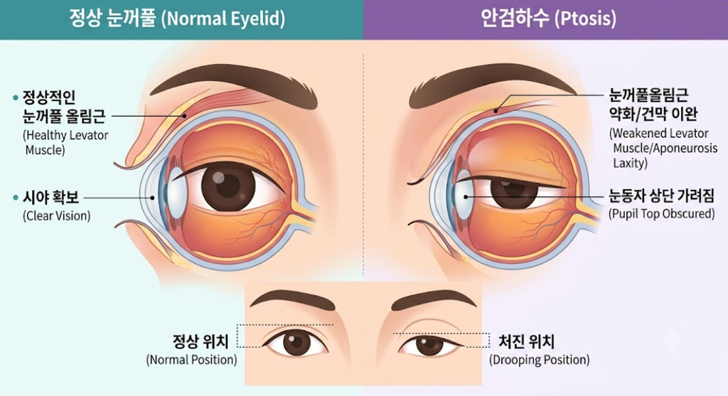 정상 눈꺼풀 위치와 안검하수로 눈동자 상단이 가려진 상태를 좌우로 비교한 그림
눈꺼풀 가장자리가 동공 위쪽 경계를 얼마나 덮는지가 안검하수를 판별하는 기본 기준입니다.