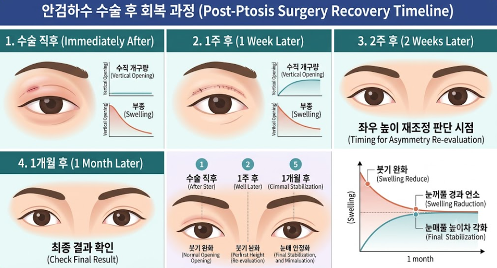 수술 후 경과를 1주·2주·1개월 시점별로 나열한 회복 타임라인 그래픽]
안검하수 수술 후 부종 감소와 눈꺐 높이 안정화 과정을 시기별로 나눈 그래픽
좌우 높이 차이는 수술 직후보다 부종이 빠진 2주 이후에 더 정확하게 판단할 수 있습니다.