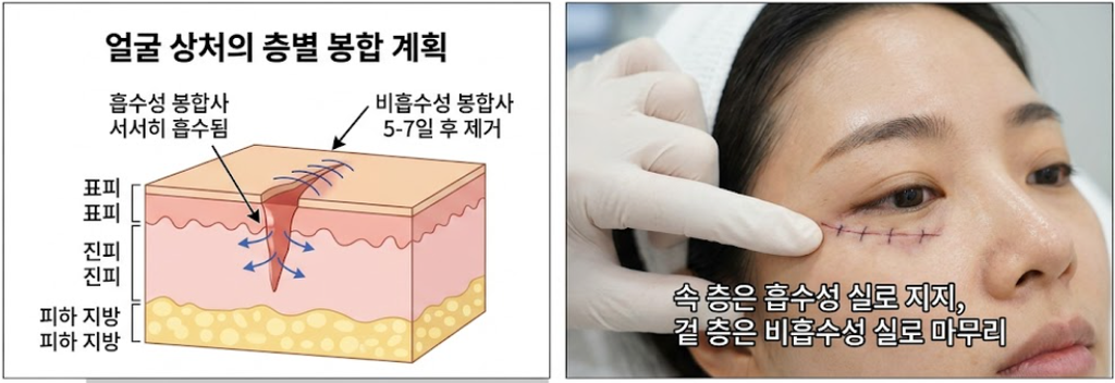 [이미지: 얼굴 상처를 층별로 나눠 봉합 계획을 세우는 진료 장면]
ALT: 상처 부위를 손으로 짚으며 층별 봉합 순서를 설명하는 모습
캡션: 겉으로 보이는 상처 하나도 실제로는 속과 겉, 두 층 이상을 나눠 닫는 경우가 많습니다.