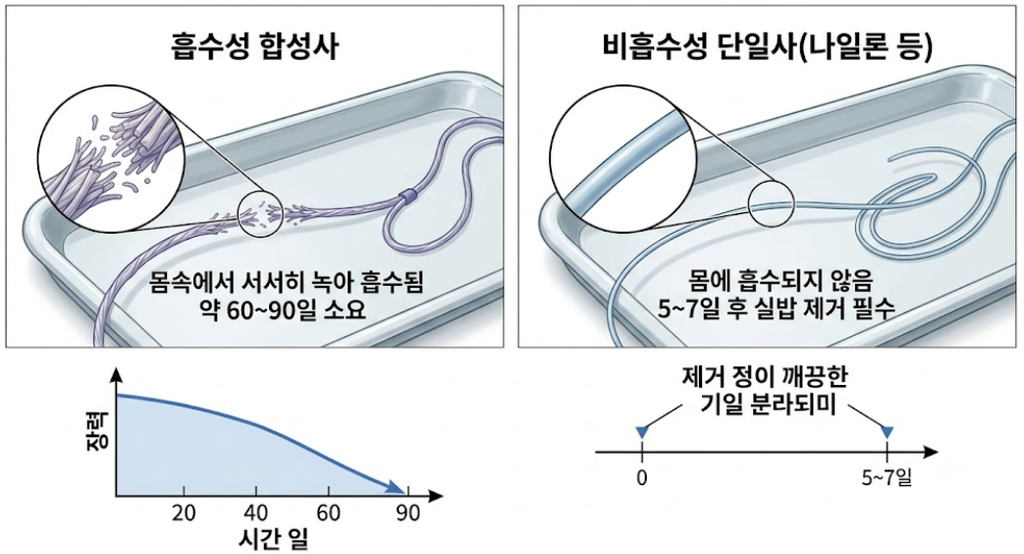 [이미지: 흡수성 실과 비흡수성 실을 나란히 놓고 비교하는 장면]
ALT: 봉합 트레이 위에 흡수성 실과 나일론 실을 함께 올려 둔 모습
캡션: 같은 상처 안에서도 층에 따라 서로 다른 성질의 실이 함께 쓰입니다.