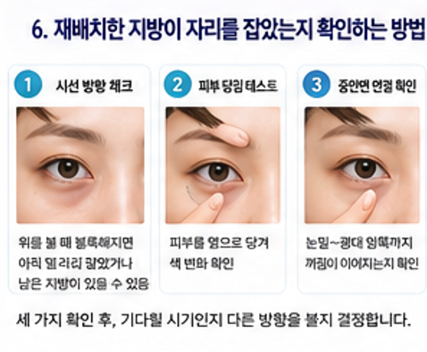 [이미지: 손끝으로 눈밑에서 광대 앞쪽까지 이어 눌러 꺼짐이 연결되는지 확인하는 검사 장면]
ALT: 눈밑에서 광대 앞쪽까지 손끝으로 이어 누르며 꺼짐이 연결되는지 확인하는 검사 모습
캡션: 눈밑만의 문제인지 중안면까지 이어진 볼륨 감소인지에 따라 다음 선택이 달라집니다.