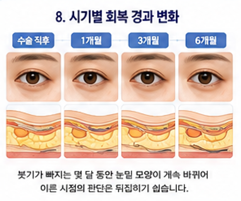 이미지: 수술 직후·1개월·3개월·6개월 네 시점의 눈밑 굴곡 변화를 나란히 배치한 경과 도해]
ALT: 눈밑 지방재배치 후 시점별로 눈밑 굴곡과 그늘이 달라지는 경과를 네 단계로 표시한 그림
캡션: 붓기가 빠지는 몇 달 동안 눈밑 모양이 계속 바뀌어, 이른 시점의 판단은 뒤집히기 쉽습니다.