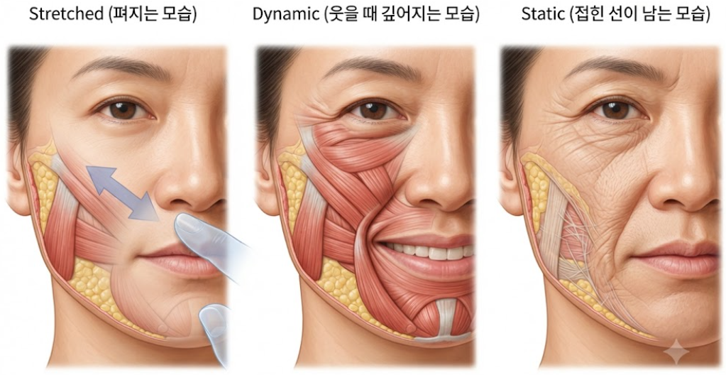 같은 팔자 주름에 세 칸으로 손끝을 위로 올려 주름이 펴지는 모습, 웃을 때만 깊어지는 모습, 표정과 상관없이 접힌 선이 남는 모습